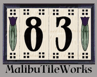 Craftsman House Number Tiles Custom Hand-Glazed Tulip Tiles - Address Tiles - Framed Set