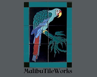 Single Green Parrot - Decorative Art Tile Mural - Catalina Style Tile Mural -Unmounted