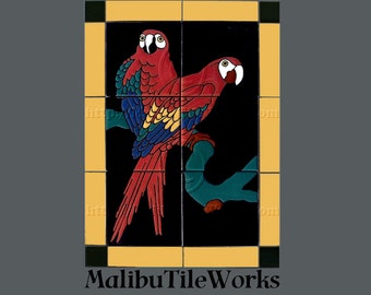 Double Red Parrots - Decorative Art Tile Mural - Catalina Style Tile Mural -Unmounted