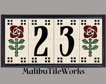 House Numbers Craftsman Rose Set Address Tiles,  Craftsman Rose Design - Framed