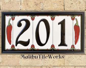 House Numbers Chili Peppers Address Tiles Framed Set Custom Address Tiles Sign Hand Glazed Ceramic - Southwest Style - Chili Peppers