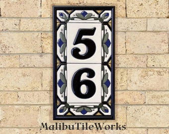 House Numbers Address Tiles, Cottage Style, Hex-Flower Design, Vertical Mount