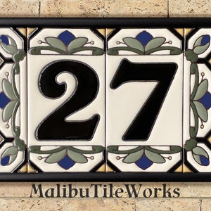 House Numbers Address Tiles Framed Set Custom Address Tiles Sign Hand Glazed Ceramic Cottage Style, Hex-Flowers Nautical Blue