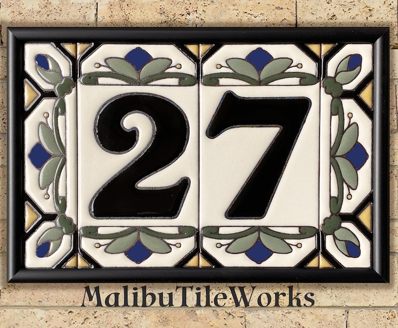 House Numbers Address Tiles Framed Set Custom Address Tiles Sign Hand Glazed Ceramic Cottage Style, Hex-Flowers image 5