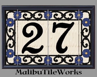 House Numbers Address Numbers Tiles Framed Set - Spanish Style - Custom Hand-Glazed Ceramic - Spanish Iron Flowers Design