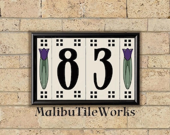 Craftsman House Number Tiles Custom Hand-Glazed Tulip Tiles - Address Tiles - Framed Set