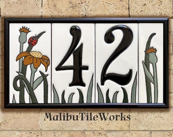 House Numbers Ladybug Tiles Ceramic Framed Set - Address Tiles - Ladybug Design