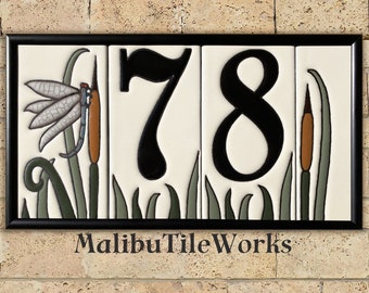 Dragonfly House Numbers Set - Address Ceramic Tiles Framed Set