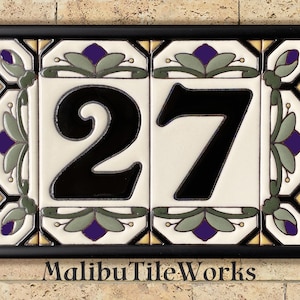 House Numbers Address Tiles Framed Set Custom Address Tiles Sign Hand Glazed Ceramic Cottage Style, Hex-Flowers Purple