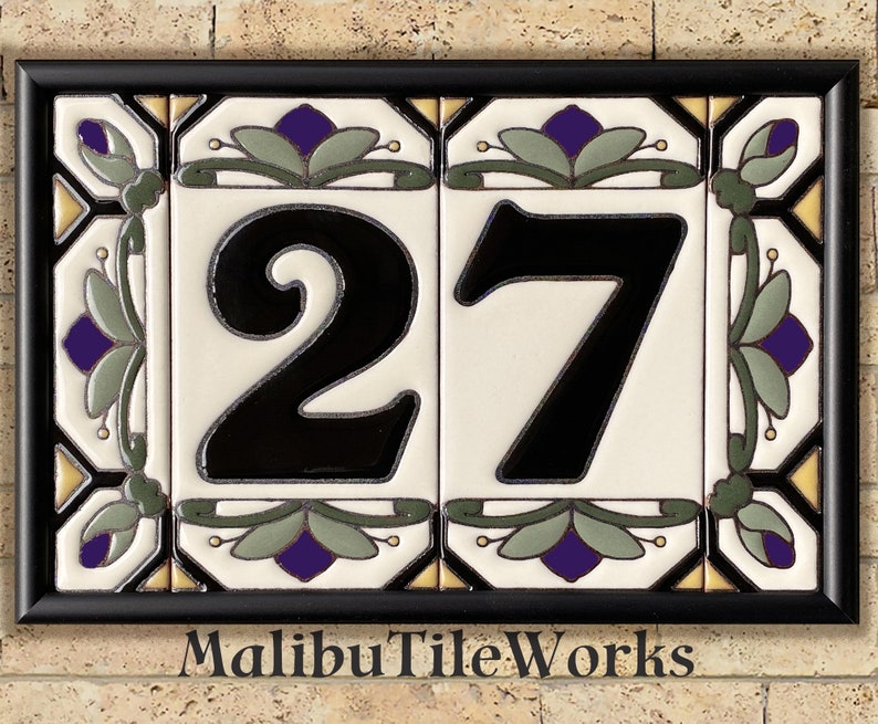 House Numbers Address Tiles Framed Set Custom Address Tiles Sign Hand Glazed Ceramic Cottage Style, Hex-Flowers image 7