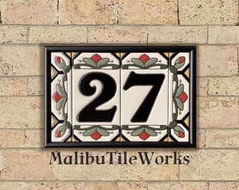 House Numbers Address Tiles Framed Set Custom Address Tiles Sign Hand Glazed Ceramic - Cottage Style, Hex-Flowers