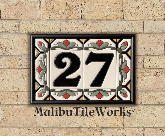 House Numbers Address Tiles Framed Set Custom Address Tiles Sign Hand Glazed Ceramic - Cottage Style, Hex-Flowers