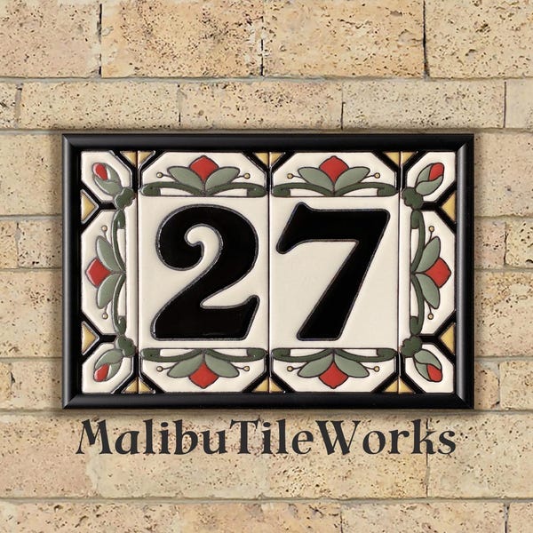 House Numbers Address Tiles Framed Set Custom Address Tiles Sign Hand Glazed Ceramic - Cottage Style, Hex-Flowers