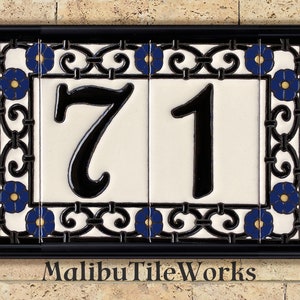 House Numbers Address Numbers Tiles Framed Set - Spanish Style - Custom Hand-Glazed Ceramic - Spanish Iron Flowers Design