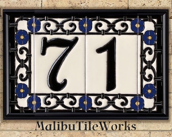 House Numbers Address Numbers Tiles Framed Set - Spanish Style - Custom Hand-Glazed Ceramic - Spanish Iron Flowers Design