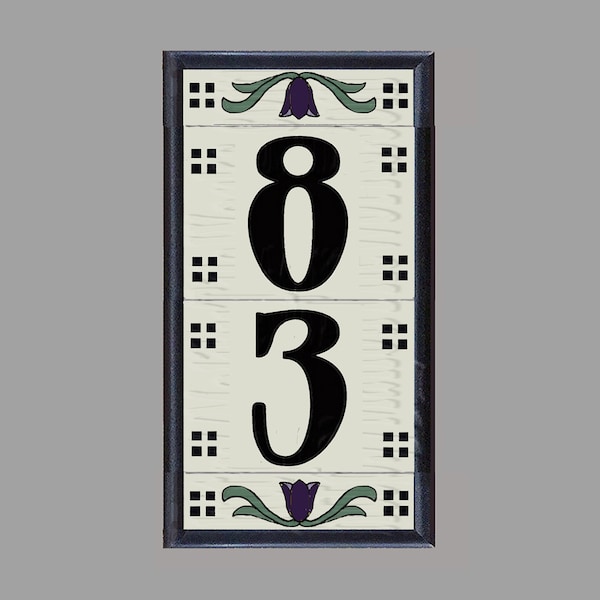 House Numbers Framed Set - Address Tiles - "Craftsman Tulip" Framed Set - Vertical Installation