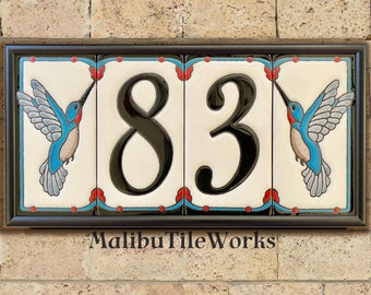 Hummingbird Deco House Numbers Address Tiles Framed Set Custom Street Number Sign Hand Glazed Ceramic - Hummingbird Design