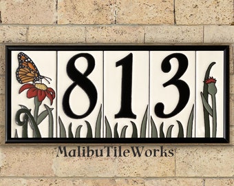 House Numbers Butterfly Tiles Ceramic Framed Set - Address Tiles - Butterfly Design