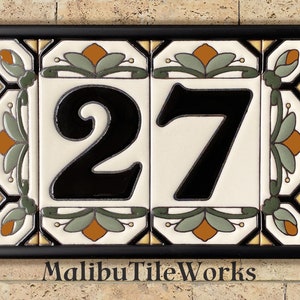 House Numbers Address Tiles Framed Set Custom Address Tiles Sign Hand Glazed Ceramic Cottage Style, Hex-Flowers Terra Cotta