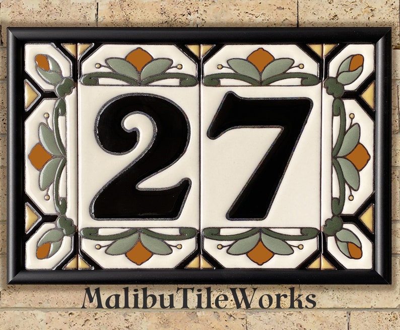 House Numbers Address Tiles Framed Set Custom Address Tiles Sign Hand Glazed Ceramic Cottage Style, Hex-Flowers image 6