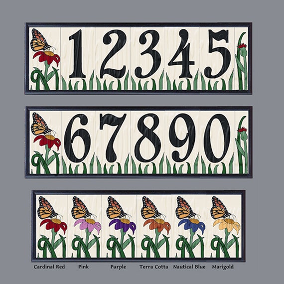 House Numbers Butterfly Tiles Ceramic Framed Set - Address Tiles