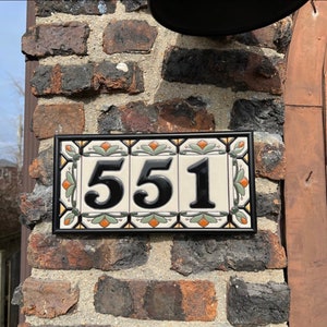 House Numbers Address Tiles Framed Set Custom Address Tiles Sign Hand Glazed Ceramic Cottage Style, Hex-Flowers image 3
