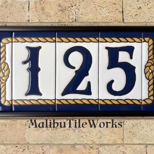 Nautical - Harbor, House Numbers Address Tiles, Framed Set, Anchors, Seahorses, Rope