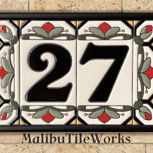 House Numbers Address Tiles Framed Set Custom Address Tiles Sign Hand Glazed Ceramic - Cottage Style, Hex-Flowers