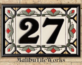 House Numbers Address Tiles Framed Set Custom Address Tiles Sign Hand Glazed Ceramic - Cottage Style, Hex-Flowers