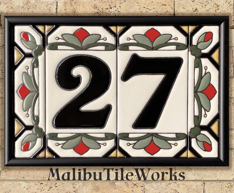 House Numbers Address Tiles Framed Set Custom Address Tiles Sign Hand Glazed Ceramic Cottage Style, Hex-Flowers image 1