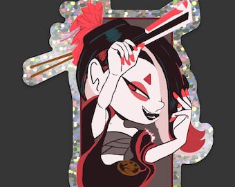 May include: A sticker featuring a cartoon character with red hair and a black kimono. The character is holding a pair of chopsticks and has a red and white design on their face. The sticker has a glittery background.