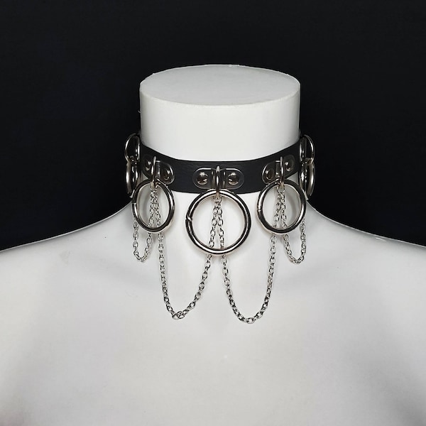 OSCHAIN - Choker with chains rings O and rivet | synthetic leather | stud snaps Silver aesthetic | tacks with chains | ring O - AbiismStore