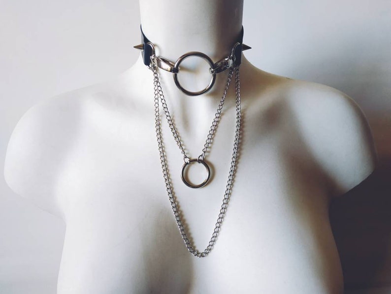 Synthetic Leather Ring O-AbiismStore CHAINo-choker with chain ring O and Rivet Tacks with Chains Stud Snaps Silver Aesthetic