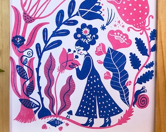 Whimsical Garden Girl, a decorative illustration of a girl surrounded by cosmic garden flowers in pink and blue, limited edition Riso Print