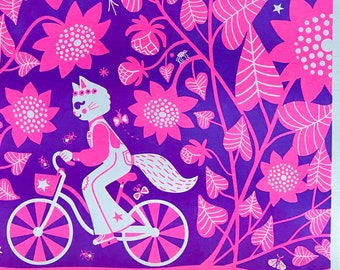 8.5X11" Whimsical Cat Riding a Bike Through Neon Pink Sunflowers