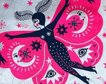 Silkscreened Celestial Fluorescent Pink and Blue Moth Woman Tea Towel