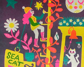 8.5X11&quot; Celestial Houseboat Girl with Sea Captain Cat and Dog Riso Print