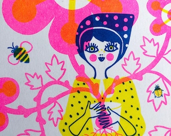 Garden Girl Holding Blooming Flowers, 8.5X11 Risograph Print