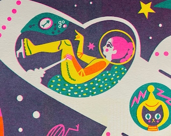 Retro Rocket Girl in Space Risograph Print