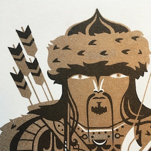 May include: An illustration of a warrior in brown and black, wearing a fur hat and armour. The warrior is holding a bow and arrow.
