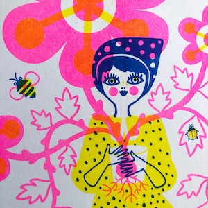 Garden Girl Holding Blooming Flowers, 8.5X11 Risograph Print
