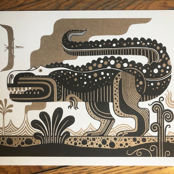 T Rex Dinosaur Risograph print 8.5 x 11 Gold and Black