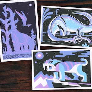 Cartões postais serigrafados de animais pré-históricos