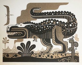 T Rex Dinosaur Risograph print 8.5 x 11 Gold and Black