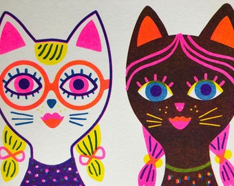 Risograph Cat Girls, 8X10