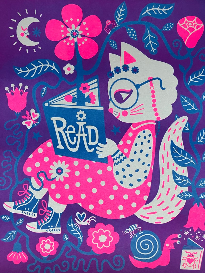 8.5X11 Reading Cat Riso Print image 3