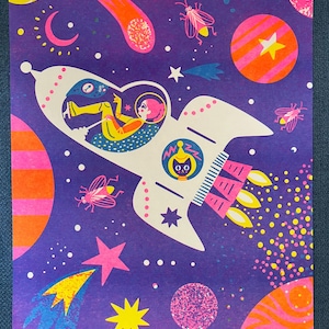 Retro Rocket Girl in Space Risograph Print