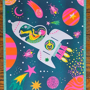 Retro Rocket Girl in Space Risograph Print
