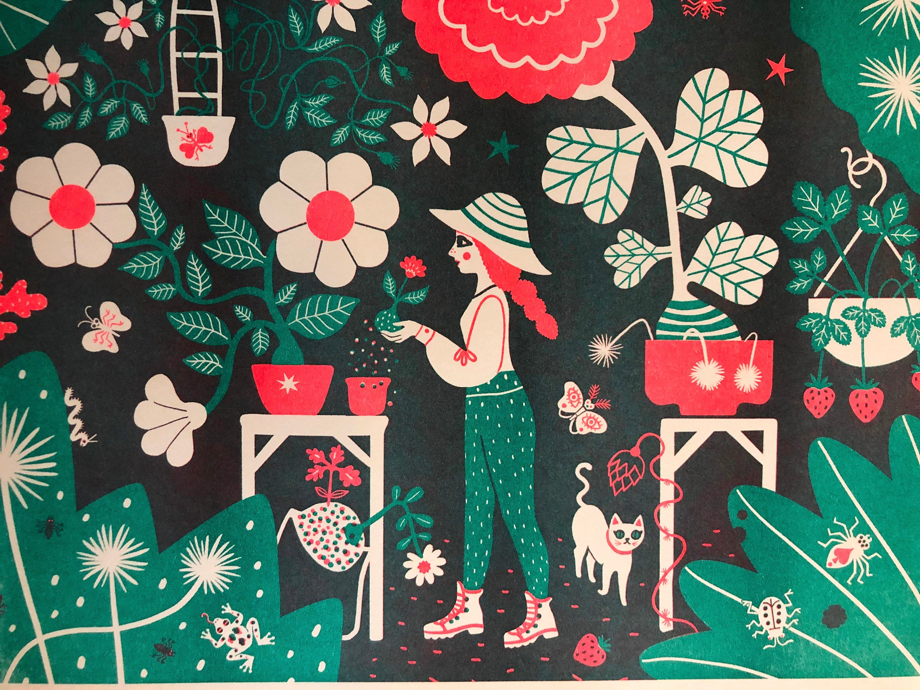 8.5X11" Neon Coral Pink Greenhouse Girl with insect friends Riso Print