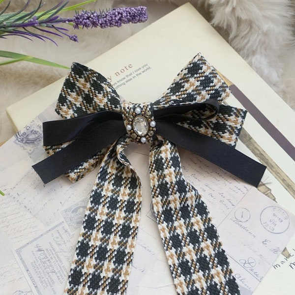 Tartan Ribbon Bow With long Tail, Handmade Bow, Dark Academia ,Gift For Women, Birthday Gift,Bow Hair Clip, Clip and Barrette